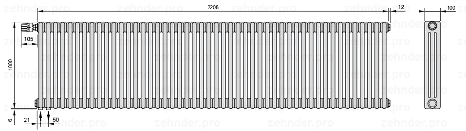 Схема (чертеж) Радиатор Zehnder Charleston 3100/48 №V001 Белый глянцевый RAL 9016